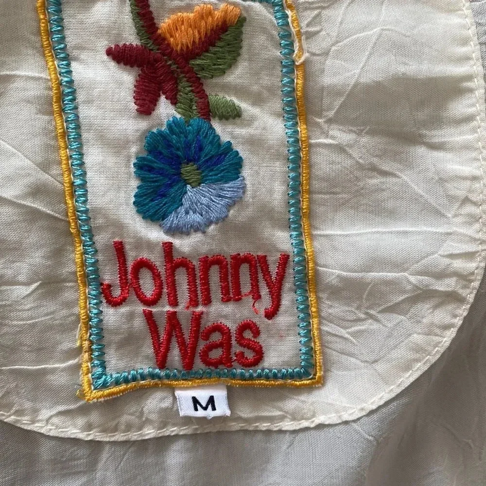 Johnny Was sz M sheer ivory long sleeve v neck w/ tie detail excellent condition - Picture 9 of 11